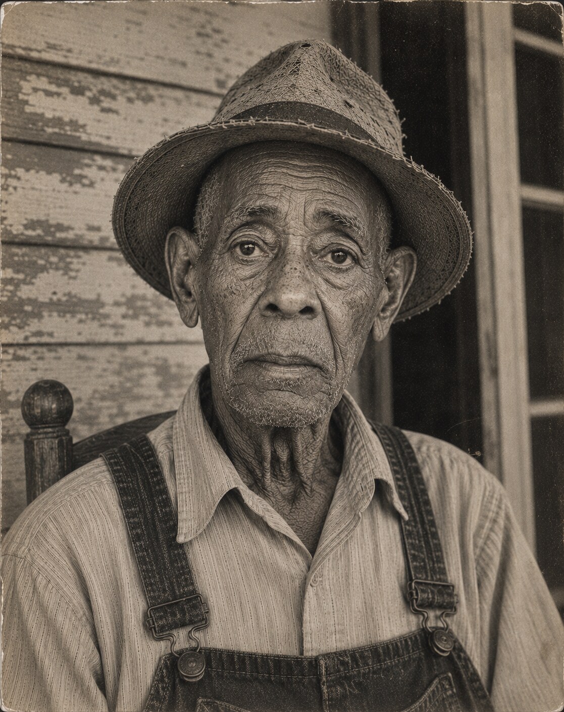 Historic portrait of an older man wearing a hat and overalls